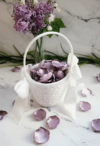 Dusty Purple Rose Petals in ivory flower girl basket.  Wedding Decor Petals, wedding table decor, aisle decorations, confetti scatter, engagement photo props,  whimsical bridal shower decorations