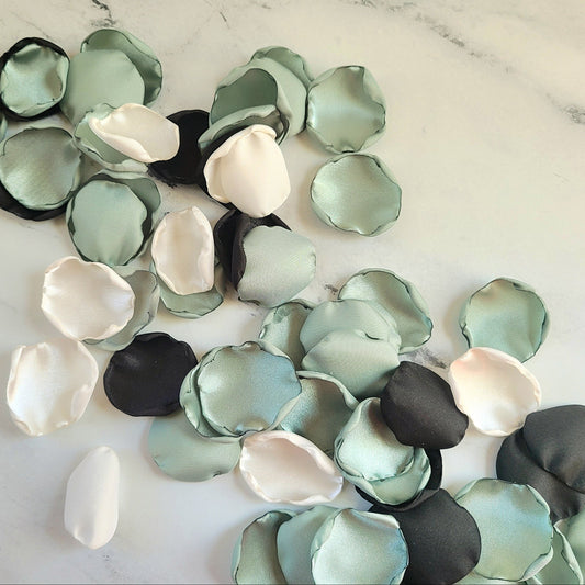 Dusty Sage, Black & Ivory Rose Petals for Wedding Decor, flower girl petals, aisle decor