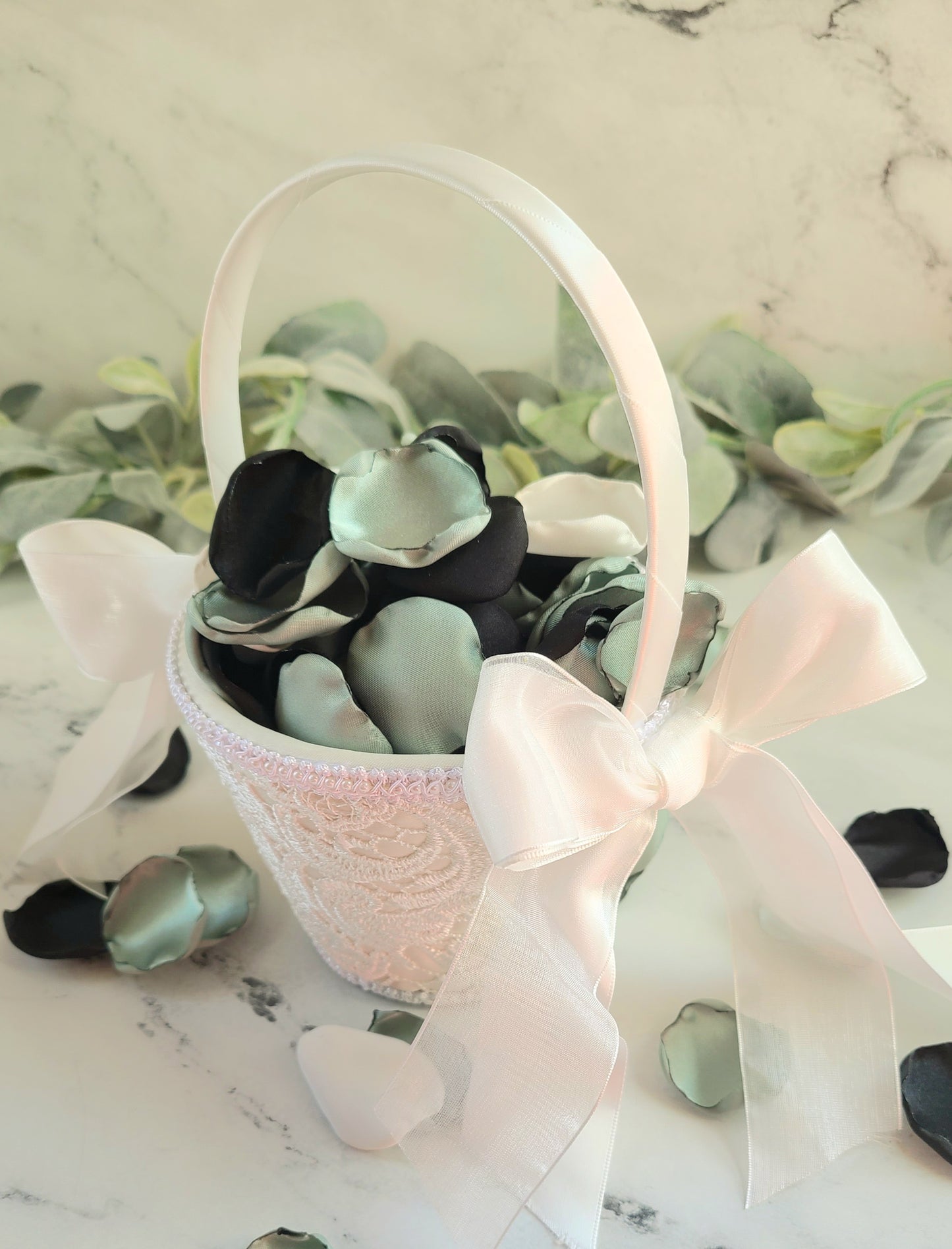 Dusty Sage, Black & Ivory Rose Petals for Wedding Decor
