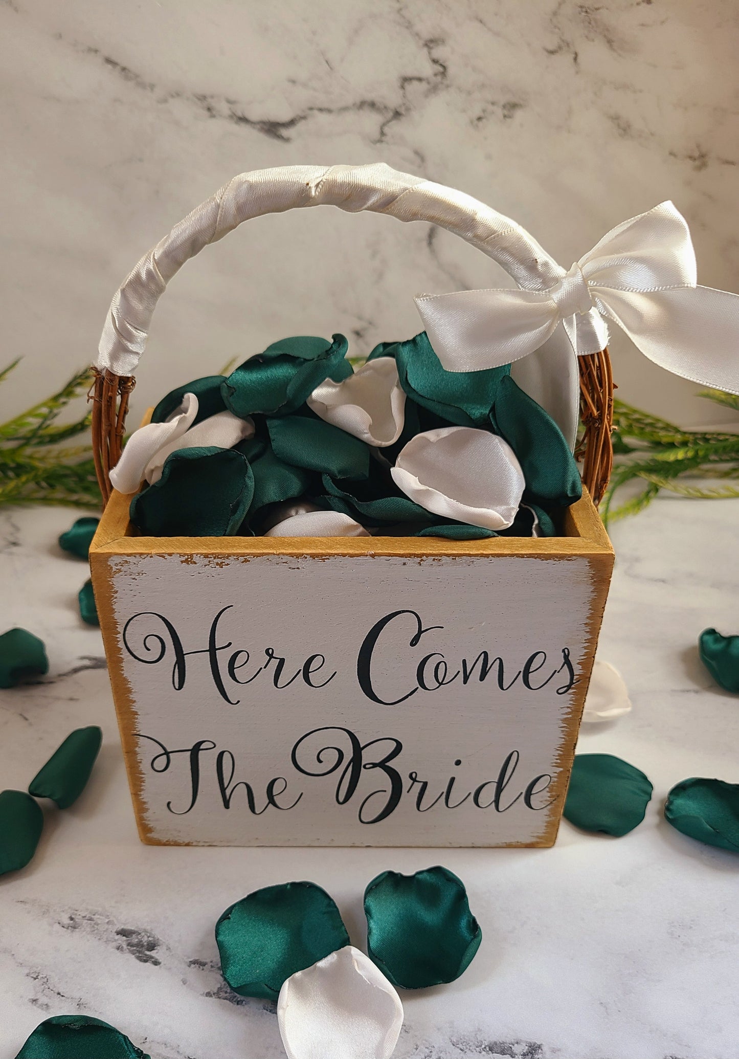 Emerald & Ivory rose petals for  Rustic flower girl basket, aisle decor, engagement photo background, petal patrol box, confetti scatter