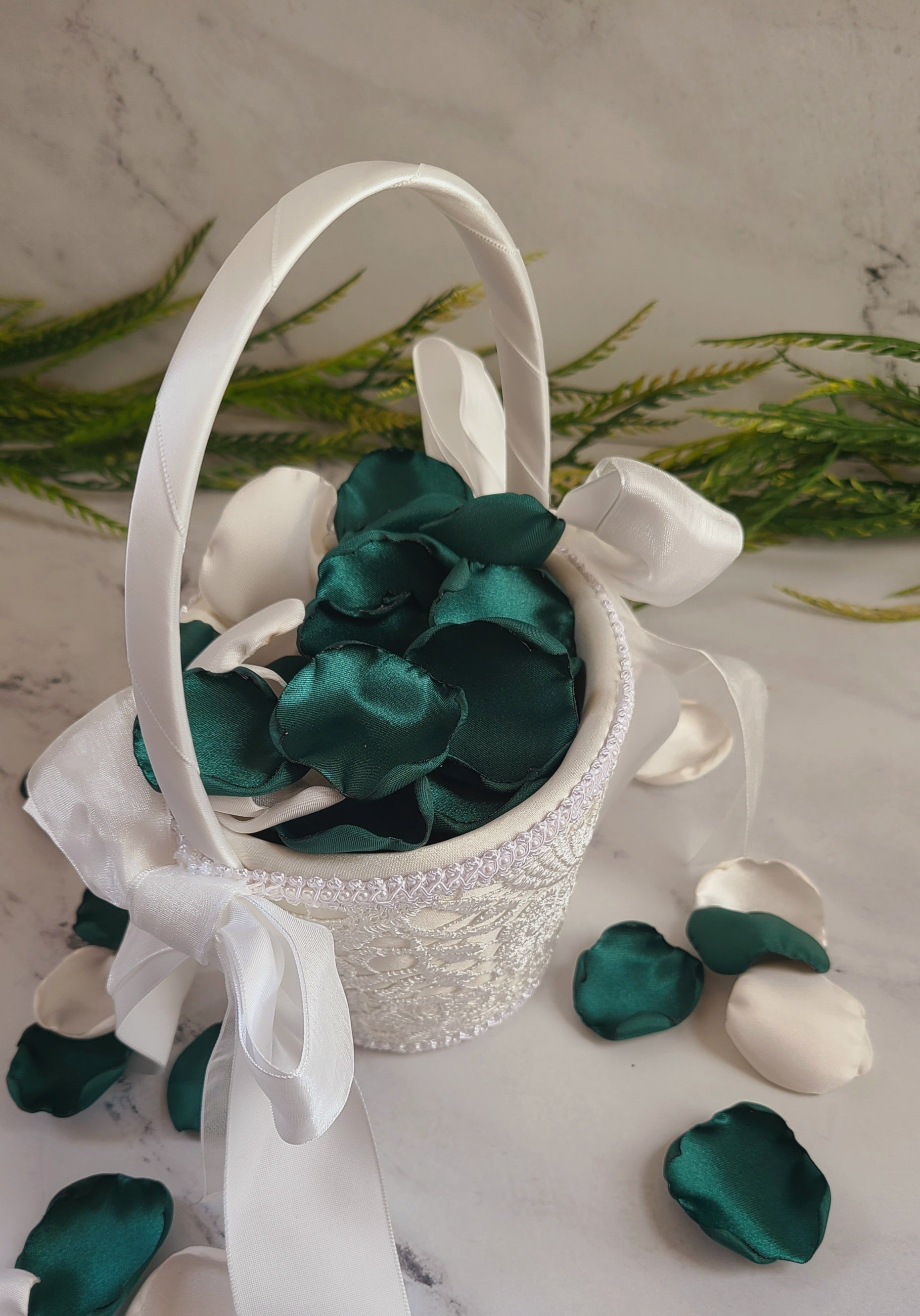 Emerald & Ivory rose petals in Ivory Basket for flower girl basket, aisle decor, engagement photo background, petal patrol box, confetti scatter