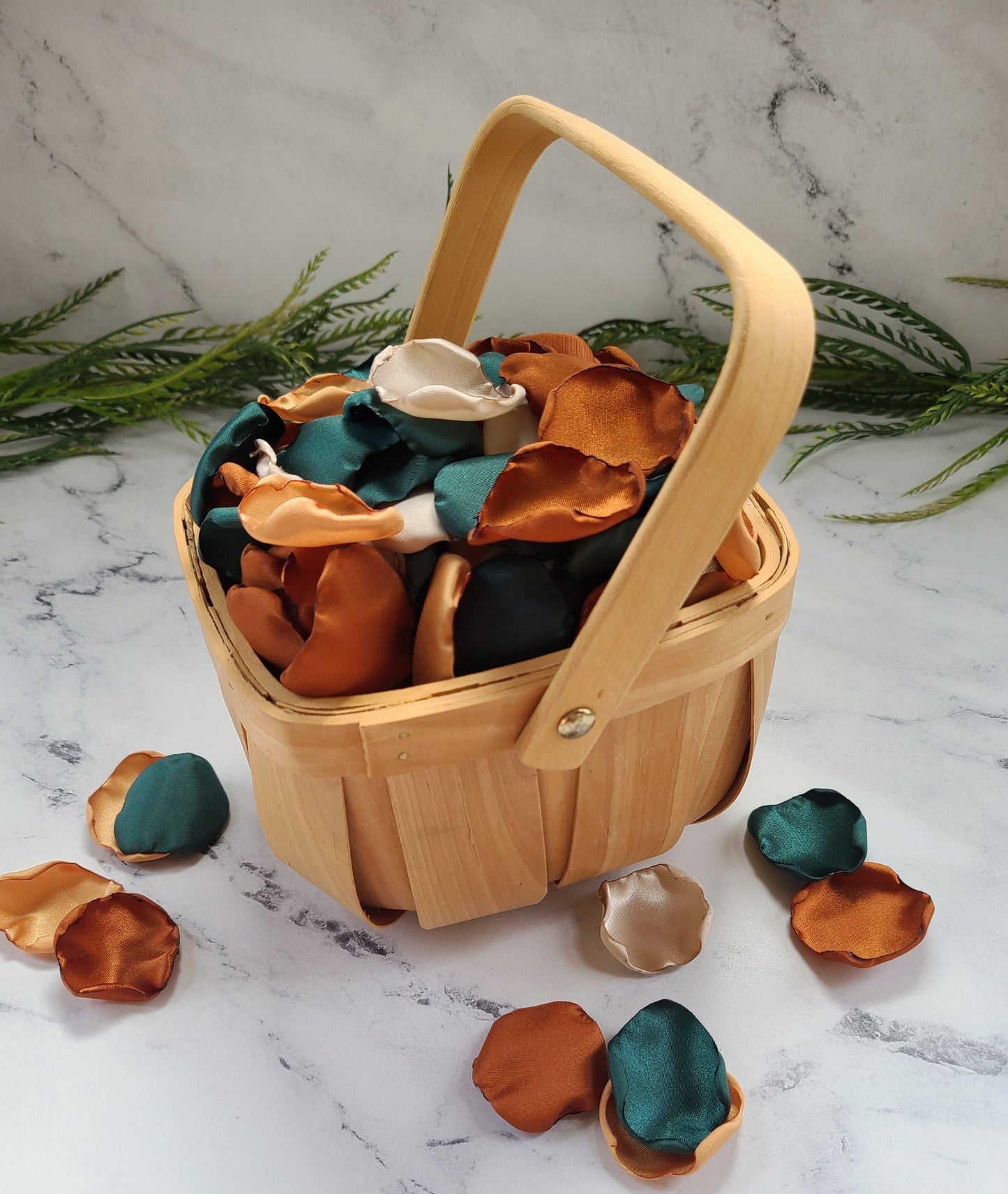 Emerald, Terracotta, gold & beige rose petals in rustic flower girl basket for western fall wedding aisle decor, flower girl basket, confetti scatter, engagement backdrop photo shoot prop