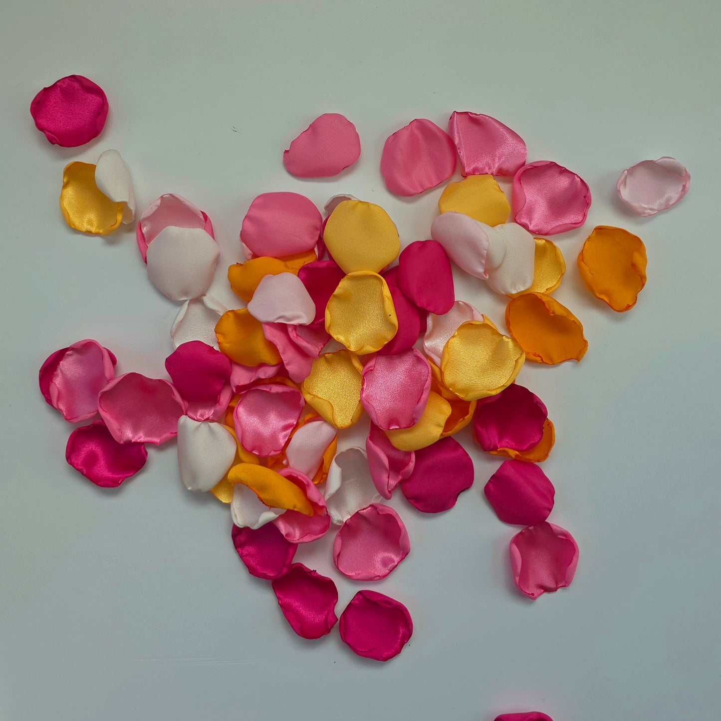 Orange, pink, yellow and Fuchsia rose petals for Whimsical wedding decor ideas. Perfect for flower girl petals, Sunset wedding aisle decor, confetti scatter, tablescapes accents, ceremony backdrop props, future bride ideas