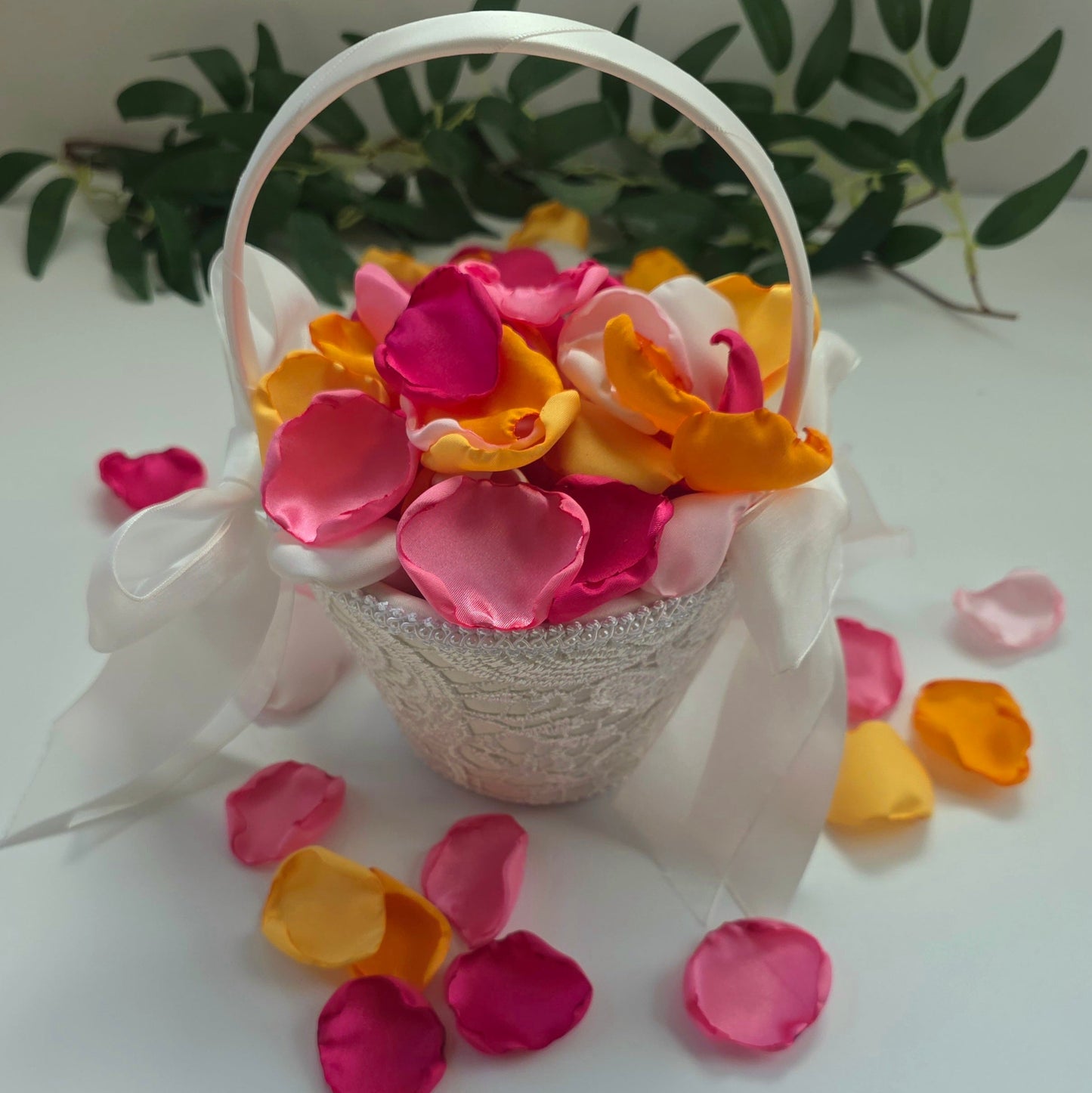 Orange, pink, yellow and Fuchsia rose petals in flower girl basket, for Whimsical wedding decor ideas. Perfect for flower girl petals, Sunset wedding aisle decor, confetti scatter, tablescapes accents, ceremony backdrop props, future bride ideas