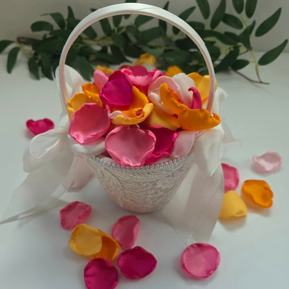 Orange, pink, yellow and Fuchsia rose petals in flower girl basket, for Whimsical wedding decor ideas. Perfect for flower girl petals, Sunset wedding aisle decor, confetti scatter, tablescapes accents, ceremony backdrop props, future bride ideas