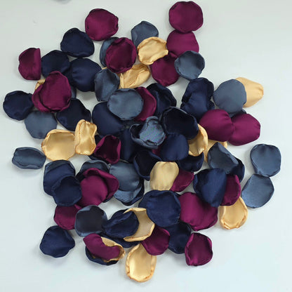 Fig, Mulberry, Navy Stormy Twilight and Gold Rose petals. For flower girl toss, aisle decor, flatlays, church pew accents, table scatter for wedding reception tables. A color palette for future brides planning a celestial moon and star themed wedding ceremony or bridal shower event.
