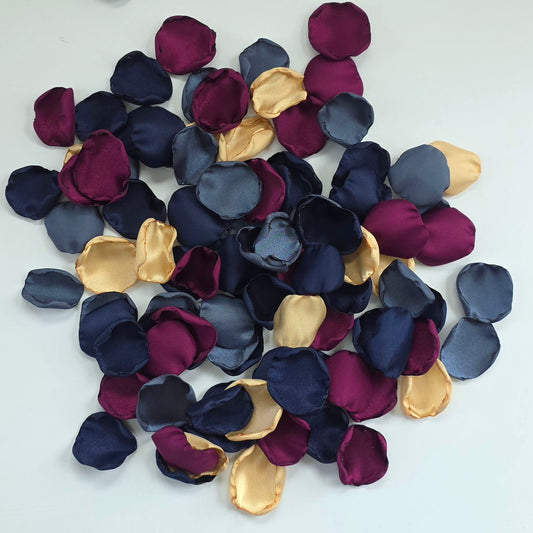 Fig, Mulberry, Navy Stormy Twilight and Gold Rose petals. For flower girl toss, aisle decor, flatlays, church pew accents, table scatter for wedding reception tables. A color palette for future brides planning a celestial moon and star themed wedding ceremony or bridal shower event.