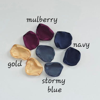 Fig, Mulberry, Navy Stormy Twilight and Gold Rose petals. For flower girl toss, aisle decor, flatlays, church pew accents, table scatter for wedding reception tables. A color palette for future brides planning a celestial moon and star themed wedding ceremony or bridal shower event.