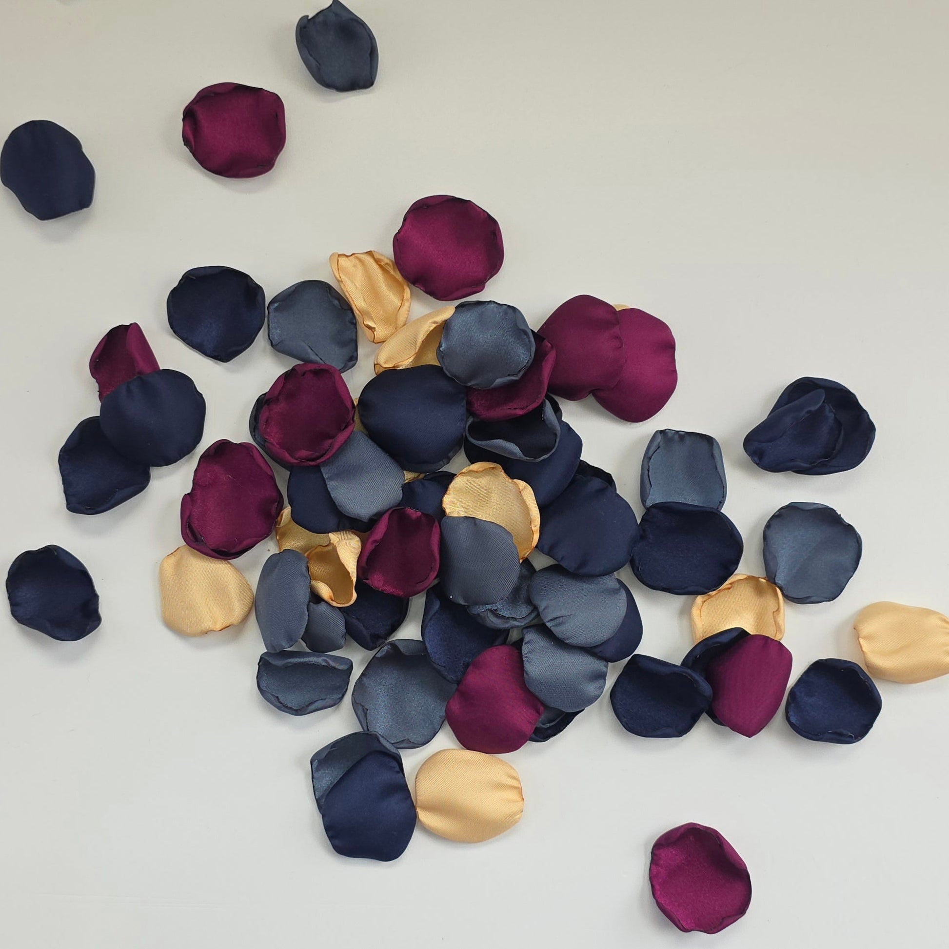 Fig, Mulberry, Navy Stormy Twilight and Gold Rose petals. For flower girl toss, aisle decor, flatlays, church pew accents, table scatter for wedding reception tables. A color palette for future brides planning a celestial moon and starry themed wedding ceremony or bridal shower event.