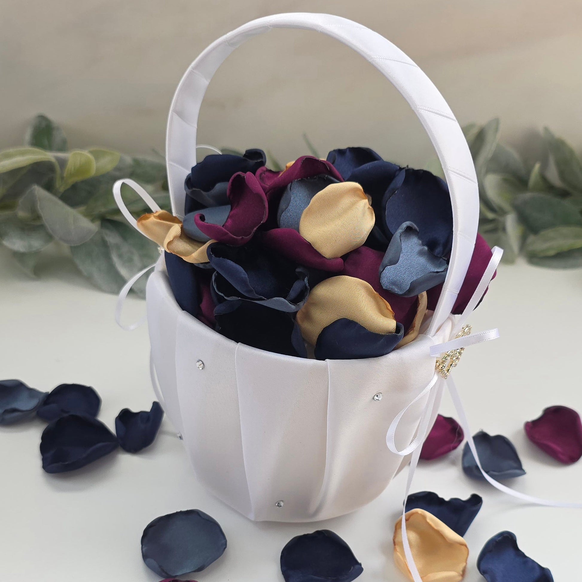 Fig, Mulberry, Navy Stormy Twilight and Gold Rose petals in flower girl basket. For flower girl toss, aisle decor, flatlays, church pew accents, table scatter for wedding reception tables. A color palette for future brides planning a celestial moon and star themed wedding ceremony or bridal shower event.
