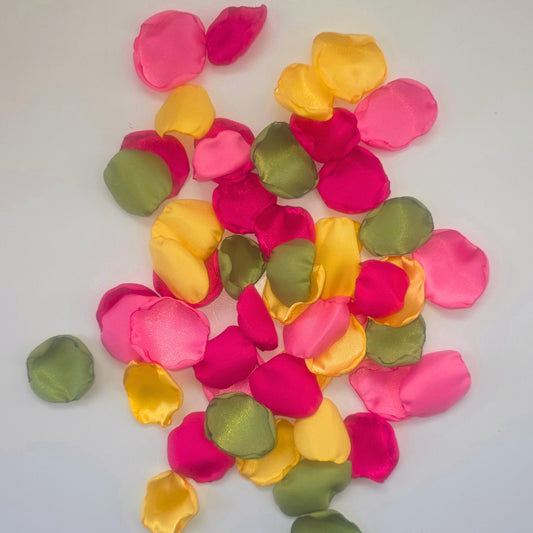 Hot Pink, Fuchsia, yellow, pink and Matcha green rose petals for flower girl toss, baskets. Use for confetti scatter, wedding aisle decor, reception tablescape decor accents, photo shoot props, Whimsical Color ideas for a future bride.