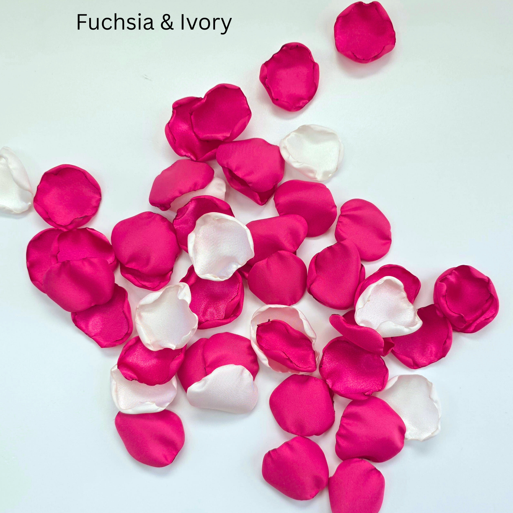 Fuchsia pink, ivory rose petals for wedding aisle decor, whimsical reception tablescape ideas, flower girl toss, confetti scatter, ceremony backdrop accents