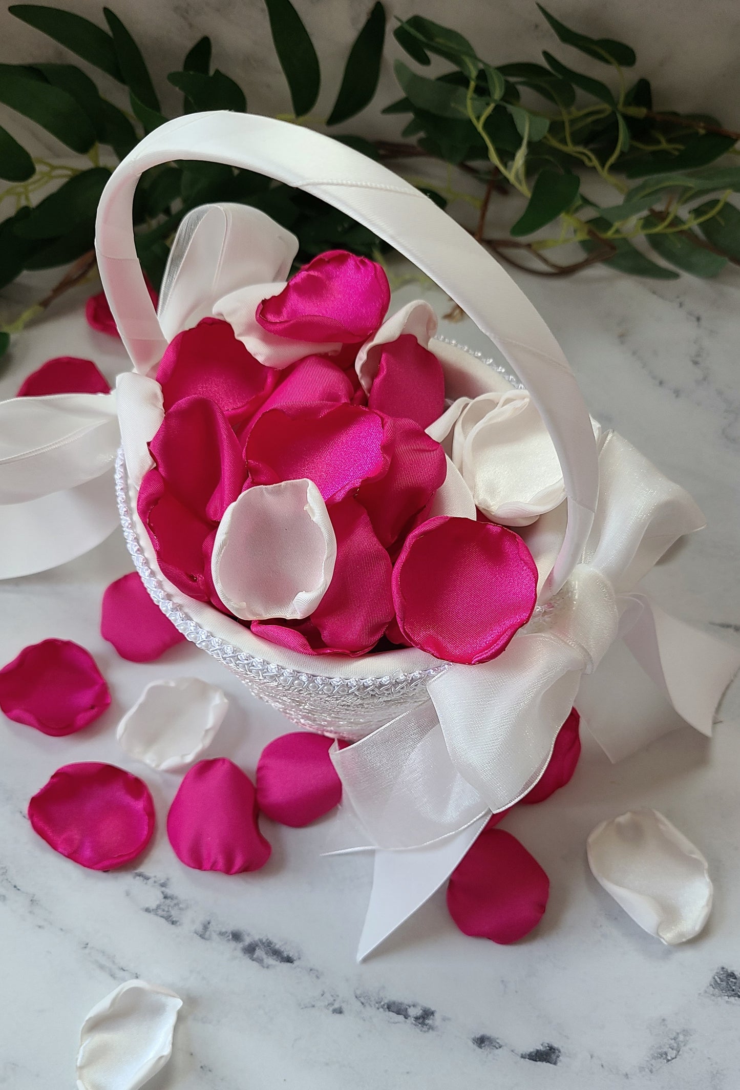 Fuchsia pink and ivory rose petals showcased in flower girl basket. Perfect for tablecapes decor, flower girl toss, wedding aisle decor, confetti scatter, amazing additions to ceremony backdrop props, future bride ideas