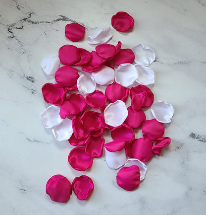 Fuchsia pink and White rose petals showcased on tabletop. Perfect for tablecapes decor, flower girl toss, wedding aisle decor, confetti scatter, amazing additions to ceremony backdrop props, future bride ideas