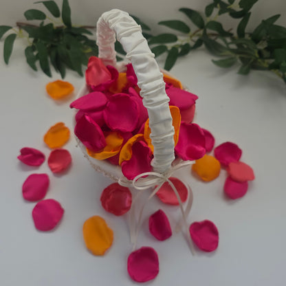 Fuchsia, coral and tangerine orange rose petals for flower girl tossing, whimsical wedding aisle decor, tablescape accents, Sunset wedding colorful confetti scatter, future bride ideas, petals in ivory flower girl basket