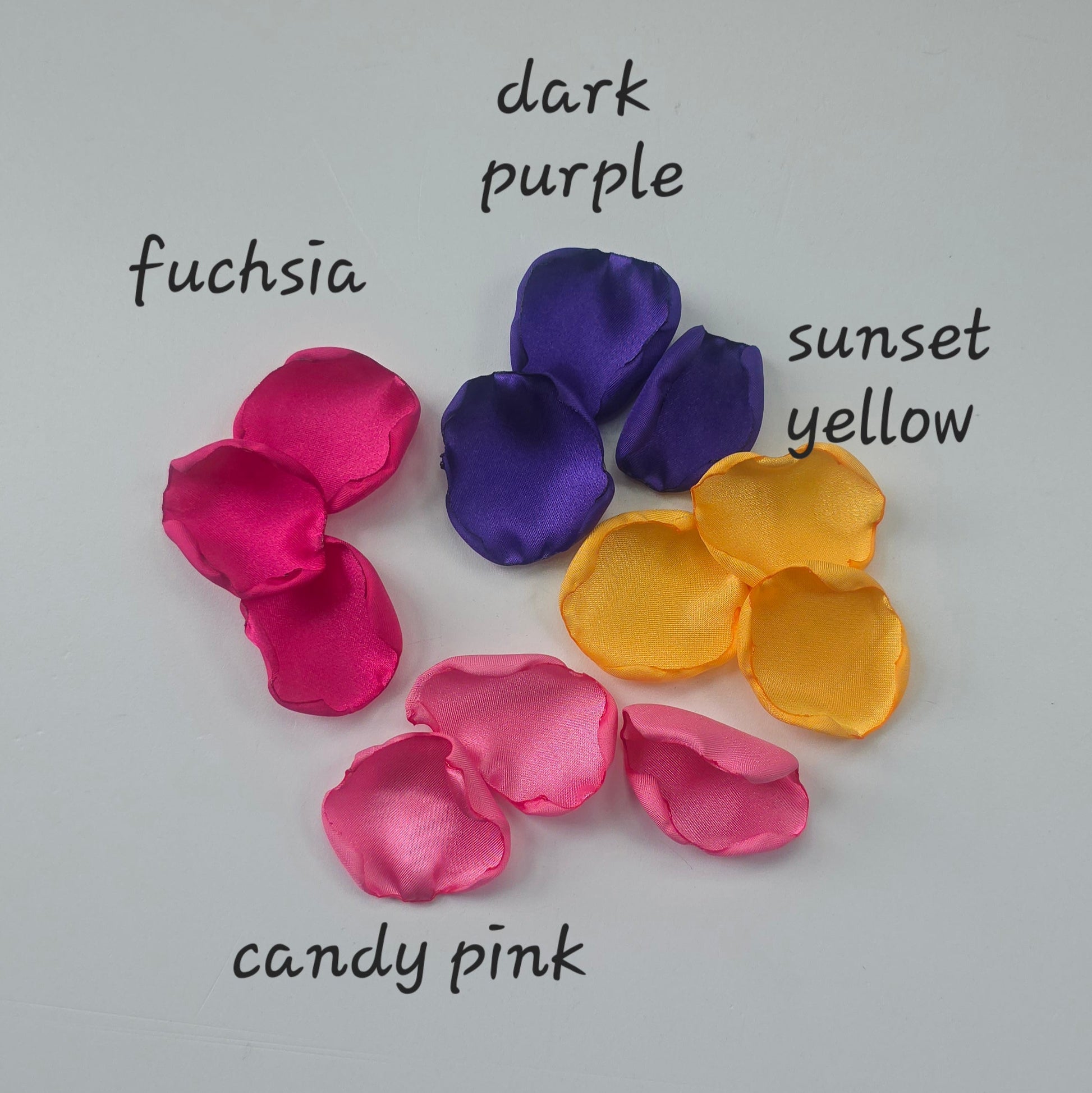 A mix of Fuchsia, Candy Pink, Dark Purple and Sunflower Yellow rose petals. For flower girl tossing,  aisle decor, reception tablescape scatter, backdrop accents or wedding decor. A bold colorful palette for future brides planning a golden hour sunset wedding ceremony or whimsical bridal shower brunch event.