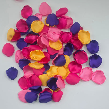 A mix of Fuchsia, Candy Pink, Dark Purple and Sunflower Yellow rose petals. For flower girl tossing,  aisle decor, reception tablescape scatter, backdrop accents or wedding decor. A bold colorful palette for future brides planning a golden hour sunset wedding ceremony or whimsical bridal shower brunch event.