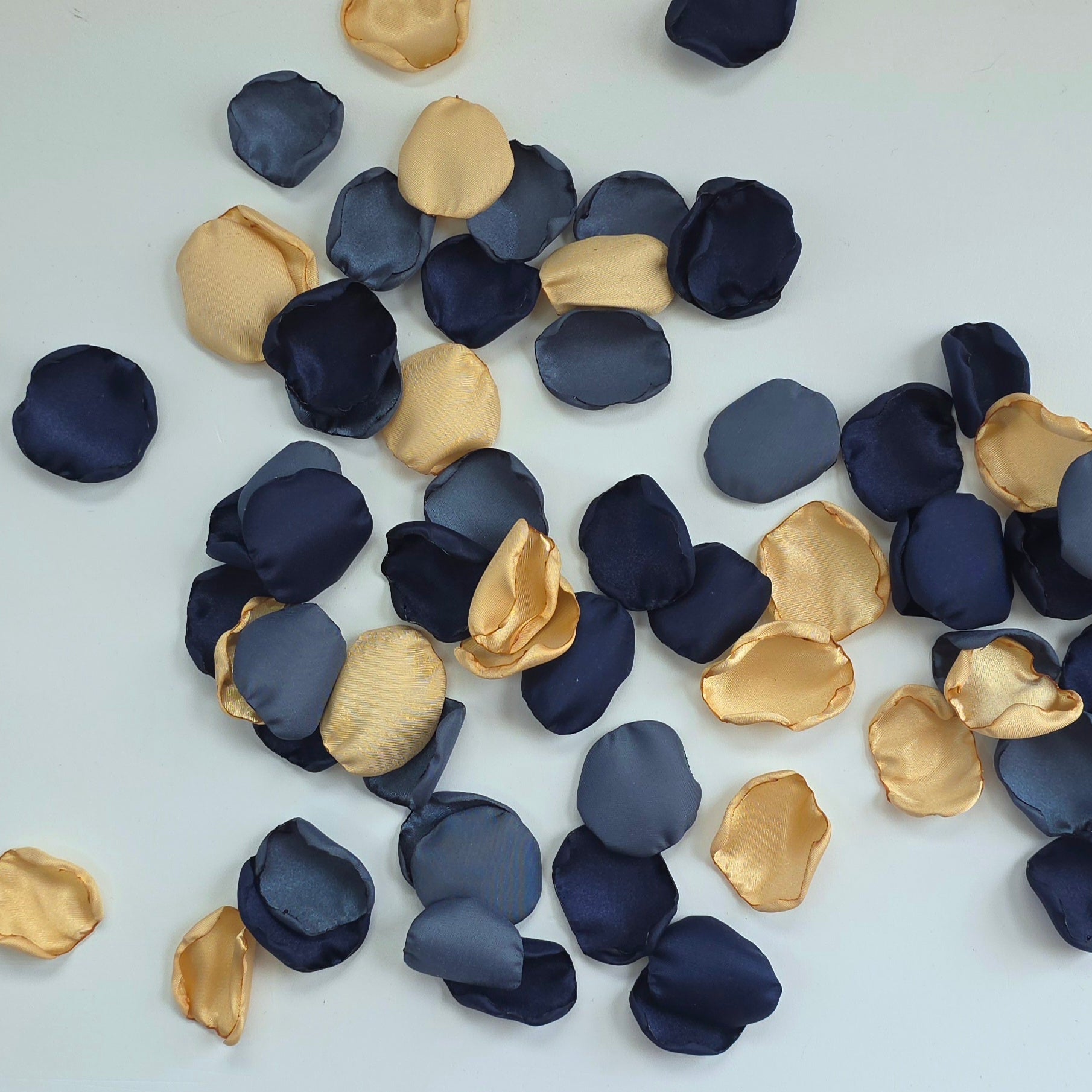 A mix of Gold, Navy, Twilight, dusk stormy blue rose petals. Perfect for flower girl tossing,  wedding aisle decor, confetti, tablescapes accents, backdrop scatter. For future brides planning a celestial wedding or bridal shower event. 