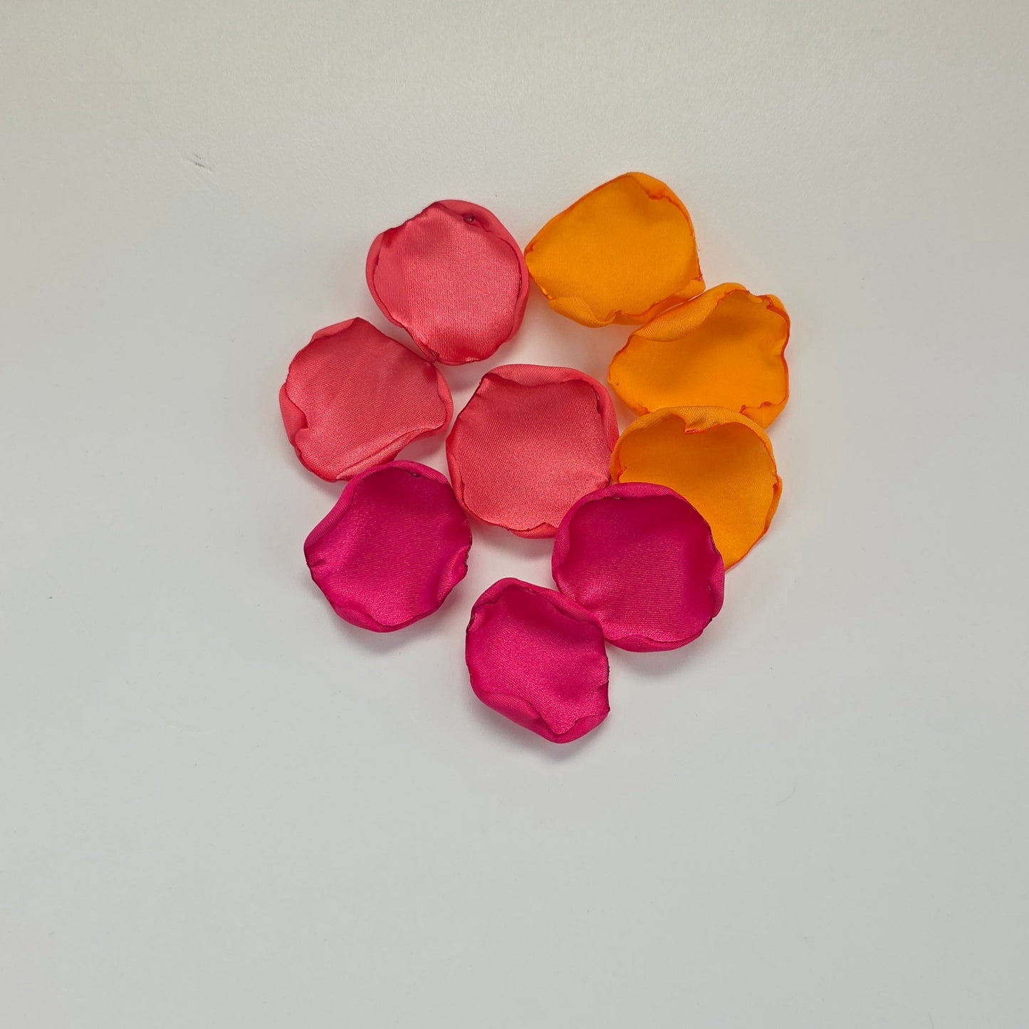 Orange, Fuchsia and coral pink rose petals for flower girl toss, baskets. Perfect for reception tablescape accents, wedding aisle decor, confetti scatter, bridal shower decorations, future bride color palette ideas, whimsical and sunset wedding theme ideas