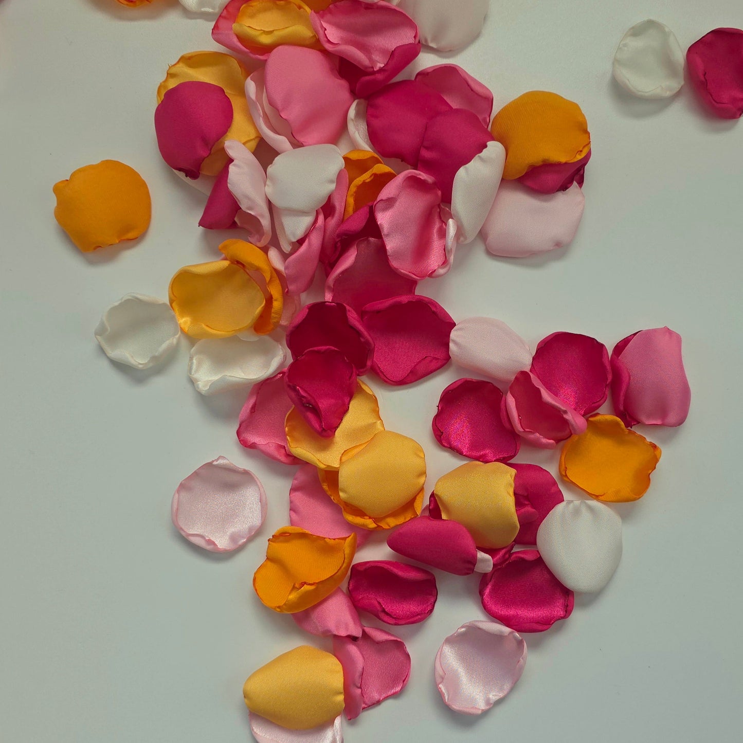 Orange, pink, yellow and Fuchsia rose petals for Whimsical wedding decor ideas. Perfect for flower girl petals, Sunset wedding aisle decor, confetti scatter, tablescapes accents, ceremony backdrop props, future bride ideas