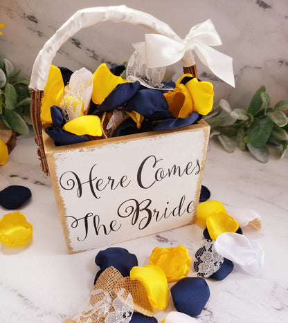 Sunflower Yellow, Burlap, Lace & Navy Rose petals for Western Boho Wedding Decor, Flower Girl Petals for table confetti, rustic basket, I Do BBQ decorations