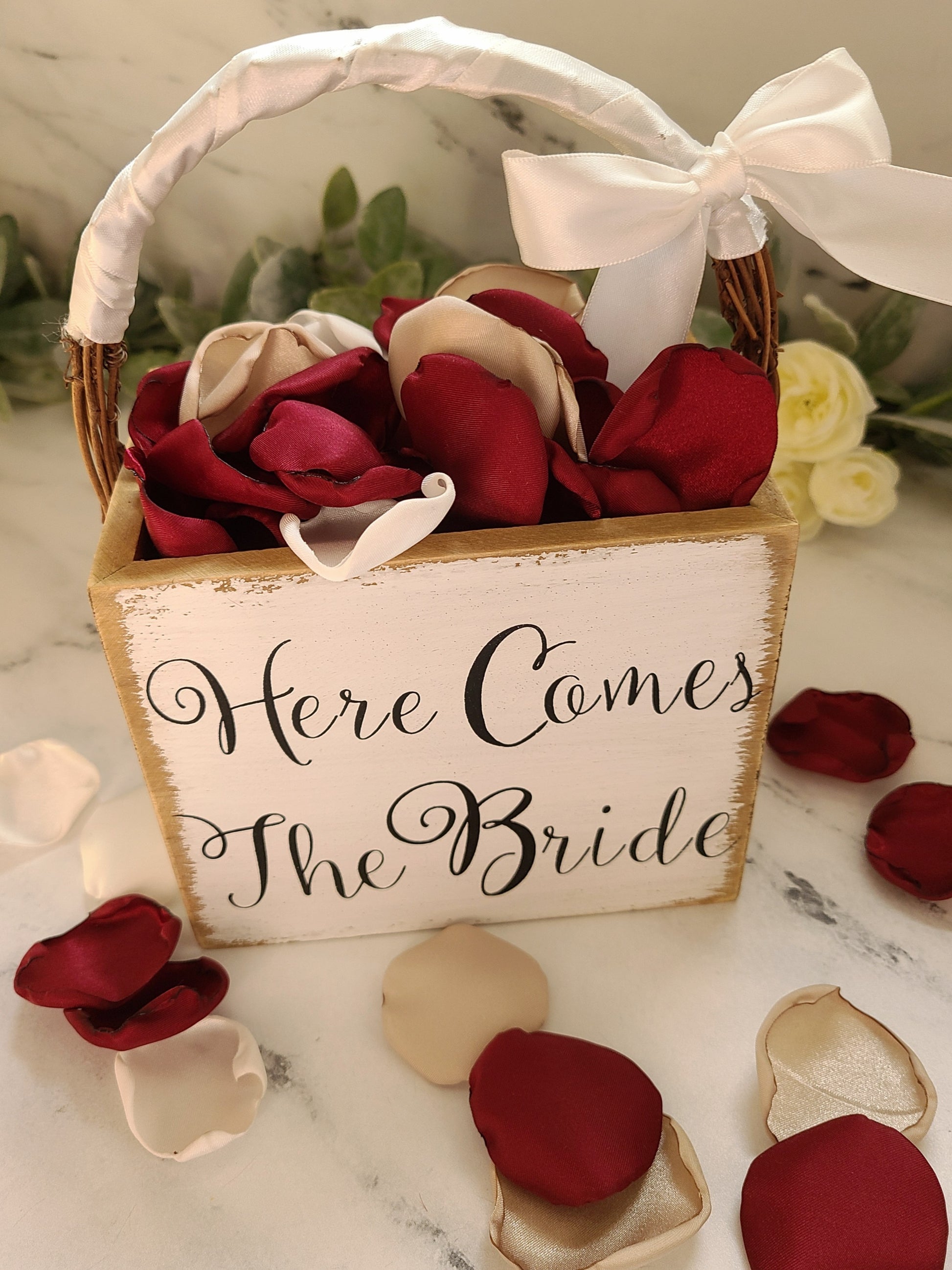 Burgundy, Ivory & Beige rose petals in an Ivory flower girl basket, for fall wedding decor, boho wedding aisle decorations, bridesmaid box, engagement proposal props, wedding table centerpiece decor
