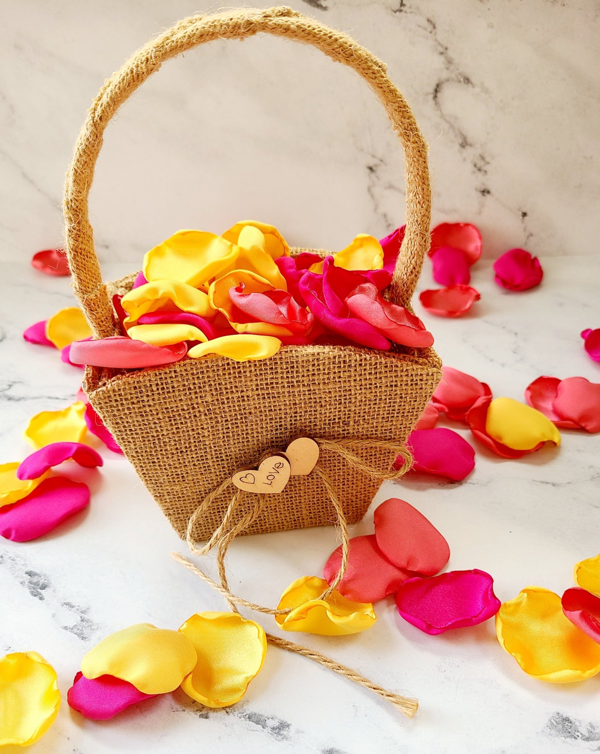 Hot Pink , Yellow and Coral Rose Petals in Rustic Burlap Flower Girl Basket