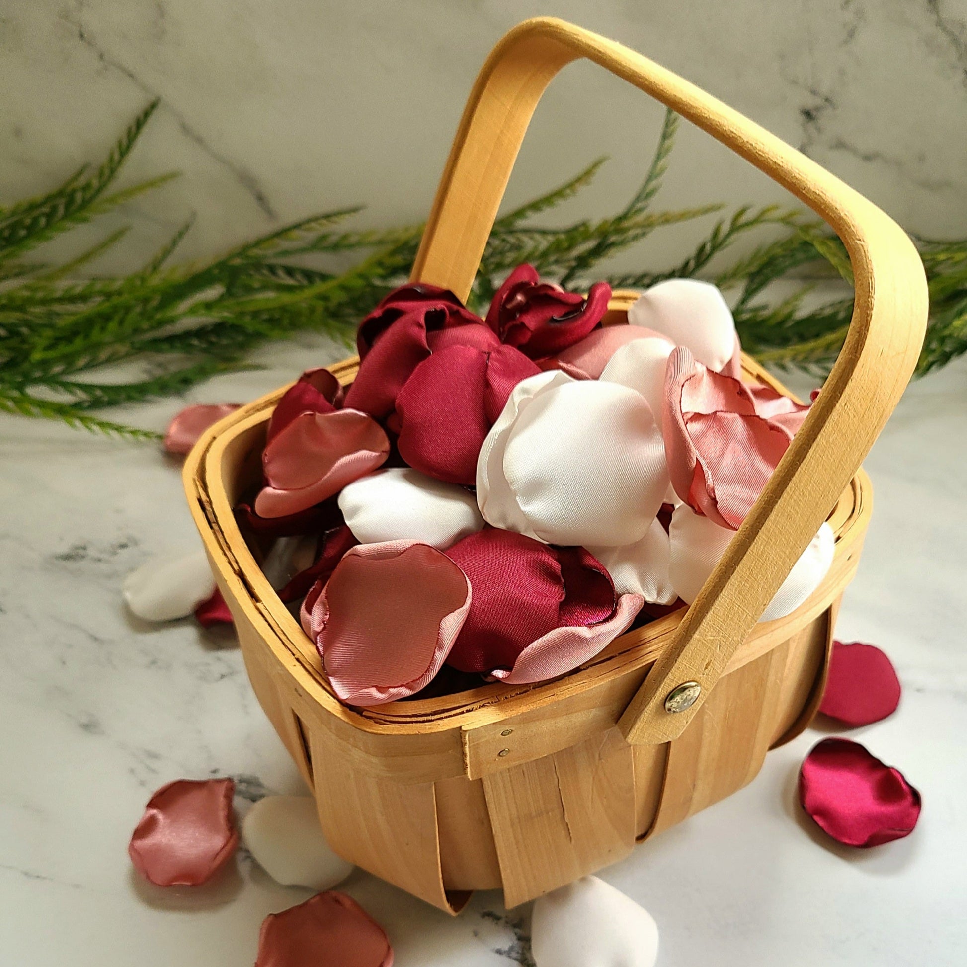 Ivory, Burgundy & Dusty Pink Rose Petals in Rustic Flower Girl Basket, fall Boho themed wedding decorations,