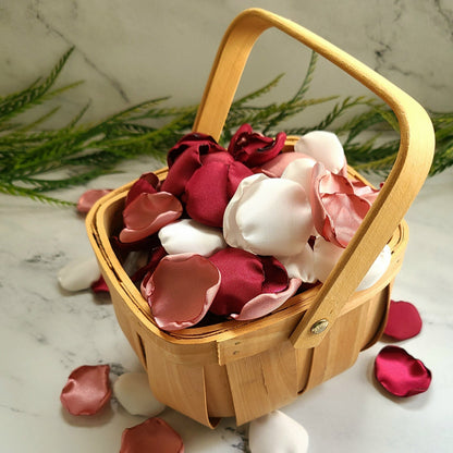 Ivory, Burgundy & Dusty Pink Rose Petals in Rustic Flower Girl Basket, fall Boho themed wedding decorations,