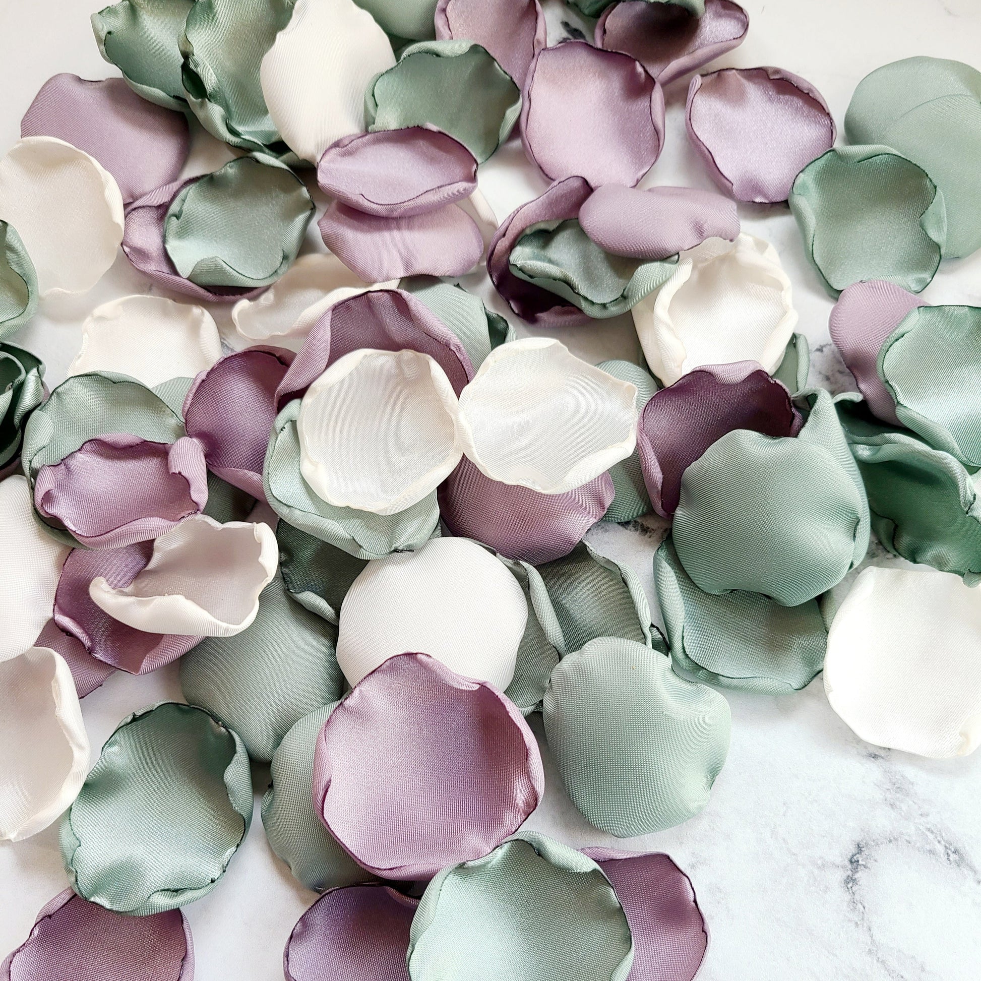 Ivory, Dusty Sage Green & Dusty Lavender Rose Petals. Wedding Decor Ideas, Flower Girl Baskets, Lavender and Sage Flower Girl Petals for tossing or wedding aisle decor, wedding decor rose petals, bridesmaid box, engagement backdrop props, She Said Yes, bridal brunch decorations