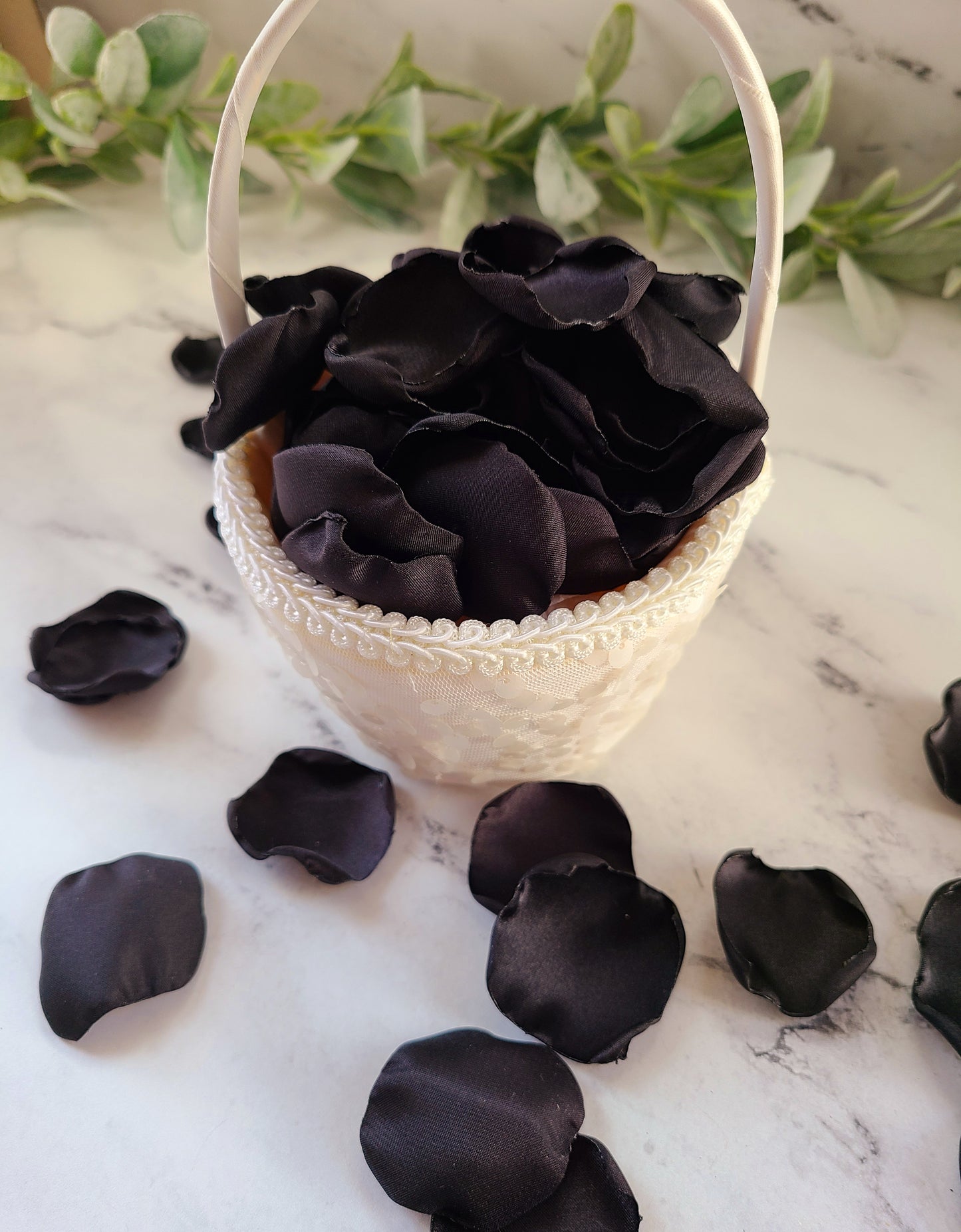 Ivory Flower Girl Basket filled with Black Rose Petals, gothic wedding decor, halloween table confetti scatter, classic wedding decor