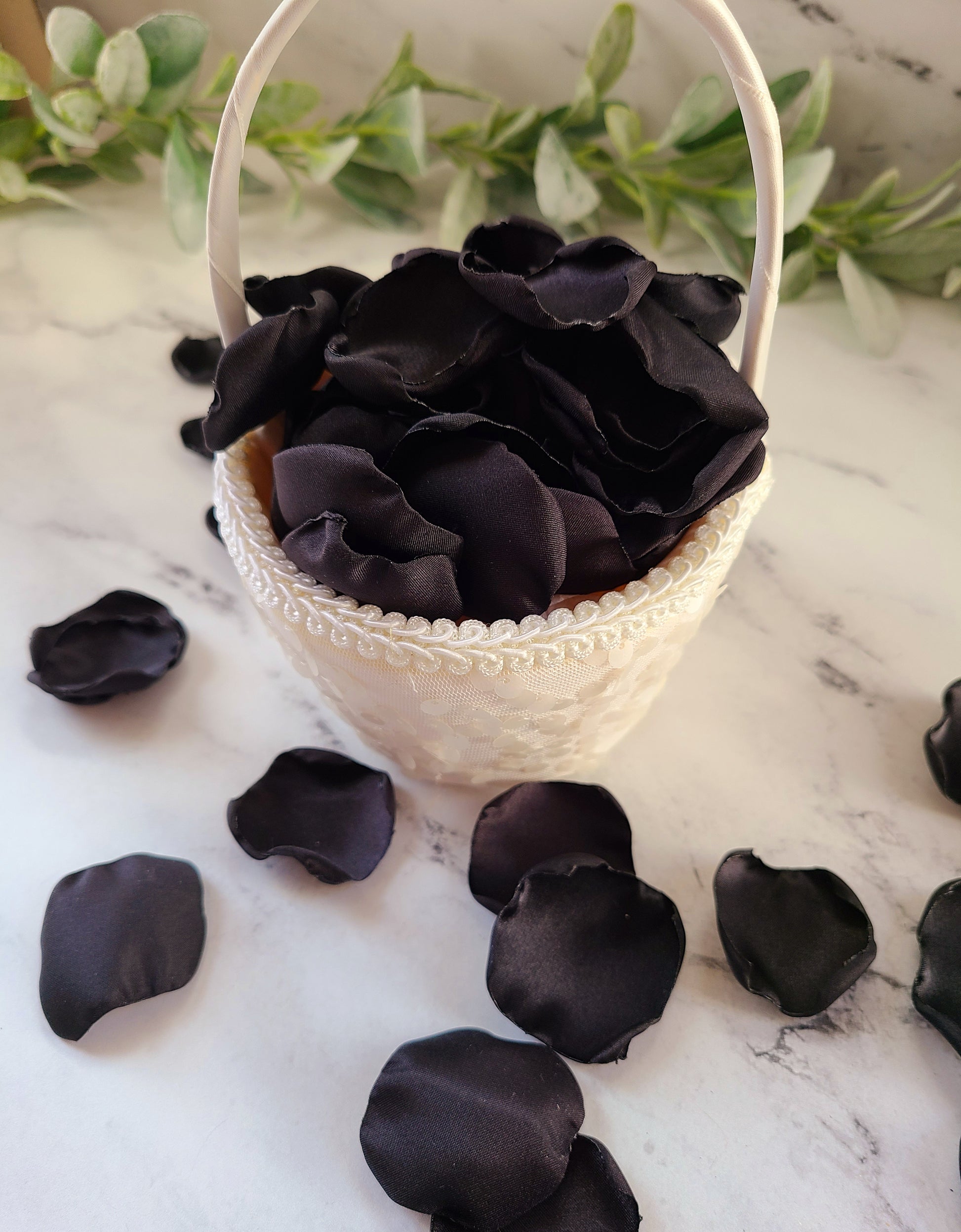 Ivory Flower Girl Basket filled with Black Rose Petals, gothic wedding decor, halloween table confetti scatter, classic wedding decor