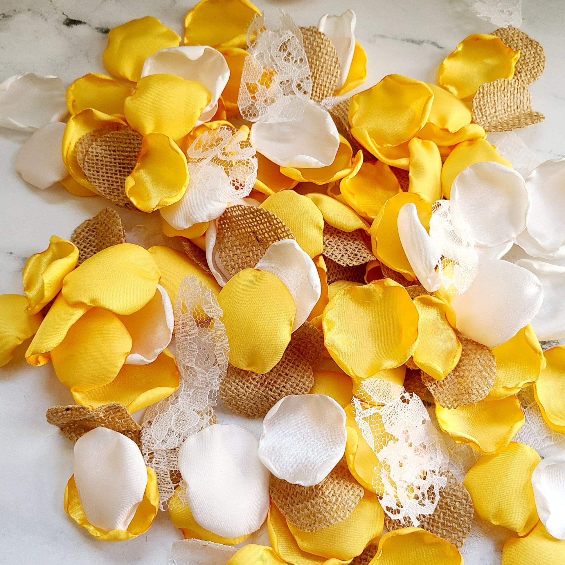 Ivory, Lace, Burlap, Yellow Rose Petals for Sunflower Wedding Decor Theme, Custom Table Confetti, flower girl petals for tossing, baskets, Western Wedding Decor