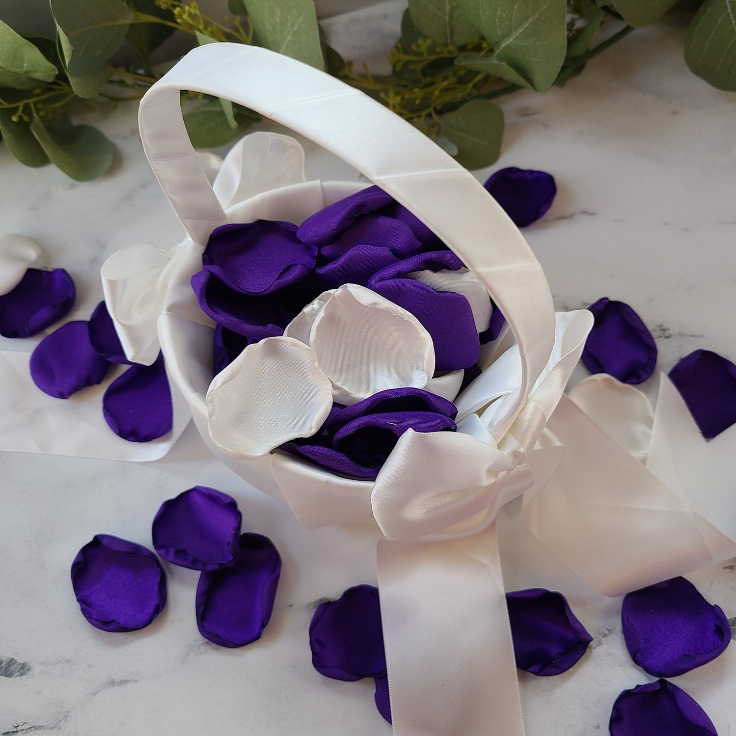Dark Purple rose petals, table confetti, flower girl petals for tossing, bridesmaid box, gothic wedding decorations, goth bachelorette, Halloween party decor, table centerpieces, Ivory flower girl basket filled with flower petals
