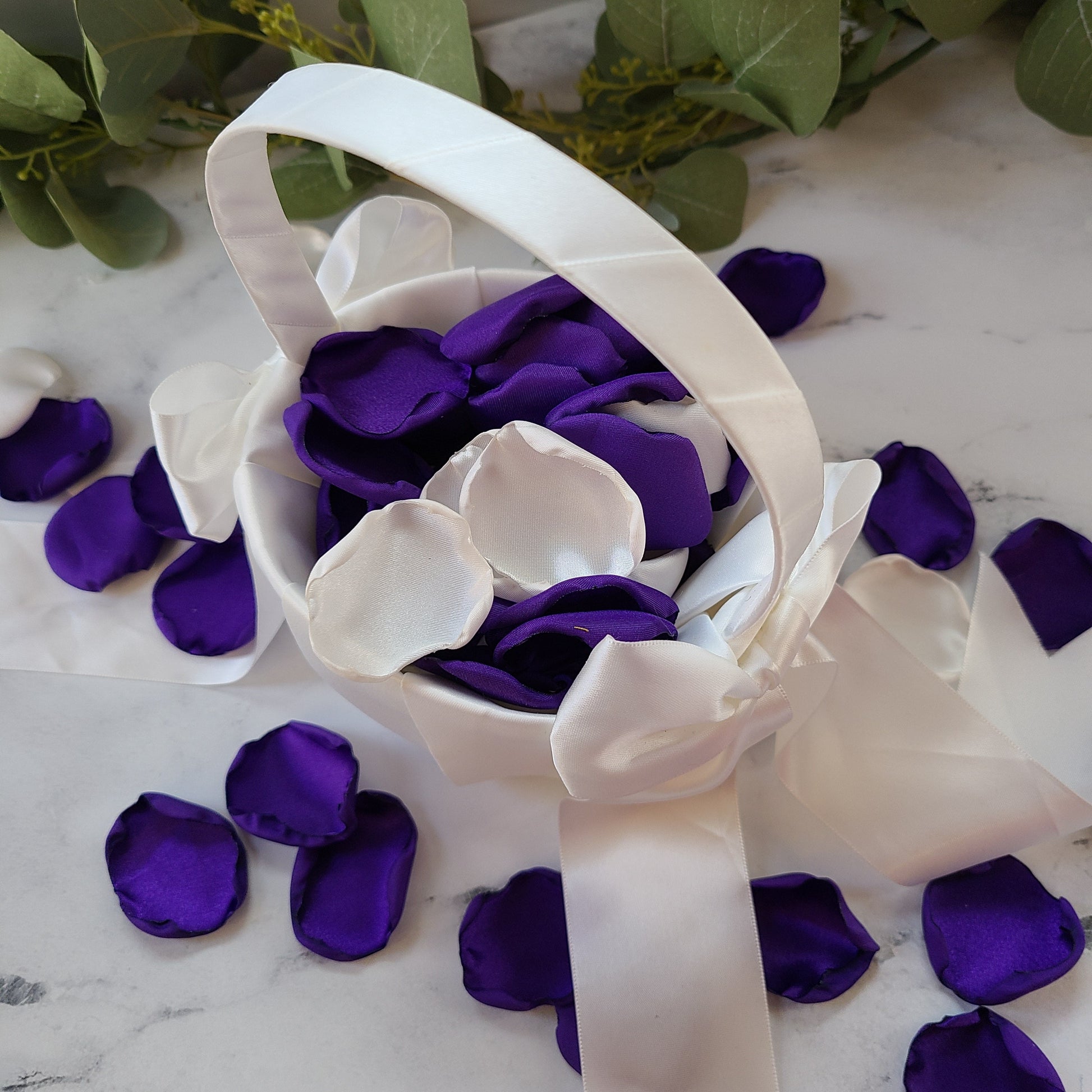 Dark Purple rose petals, table confetti, flower girl petals for tossing, bridesmaid box, gothic wedding decorations, goth bachelorette, Halloween party decor, table centerpieces, Ivory flower girl basket filled with flower petals