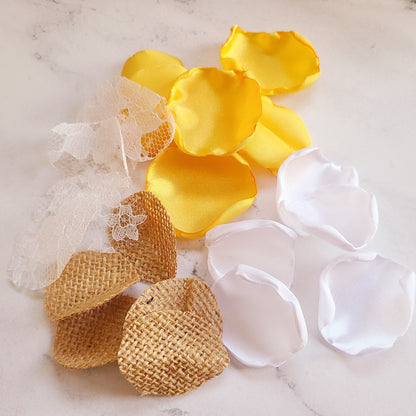 White, Lace, Burlap & Yellow rose petals for wedding decor. Flower Girl petals for baskets, engagement proposal prop ideas, bridesmaid box, Western, Rustic table confetti