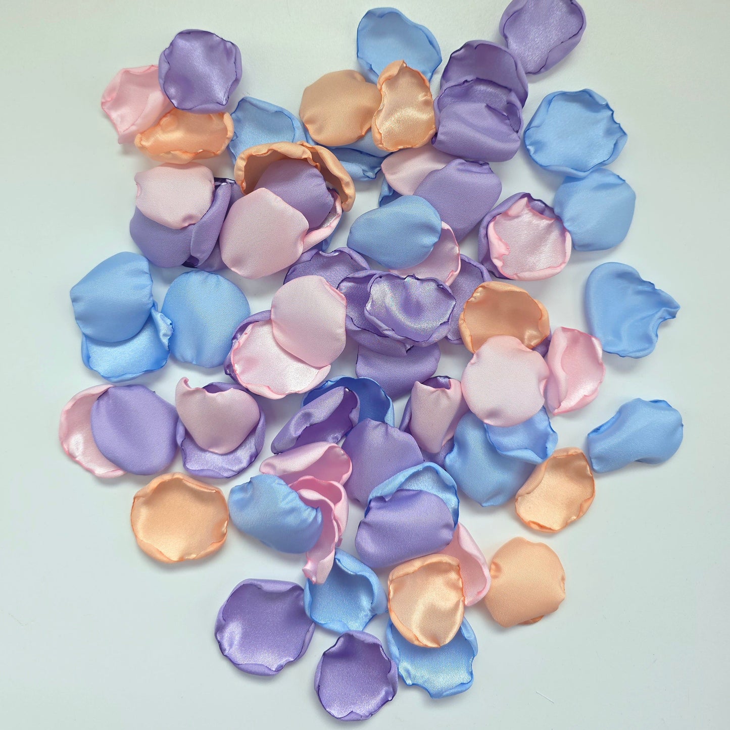 Sky Blue, Lavender, Peach and Pink Rose Petals for flower girl toss, confetti scatter, reception tablescapes, ceremony backdrop accents, Whimsical wedding color scheme decor ideas
