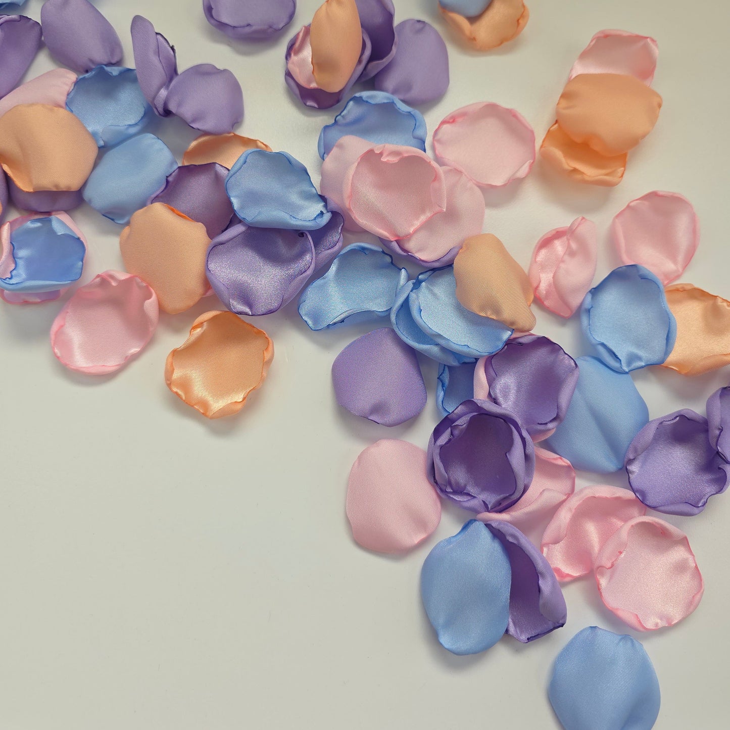 Sky Blue, Lavender, Peach and Pink Rose Petals for flower girl toss, confetti scatter, reception tablescapes, ceremony backdrop accents, Whimsical wedding color scheme decor ideas