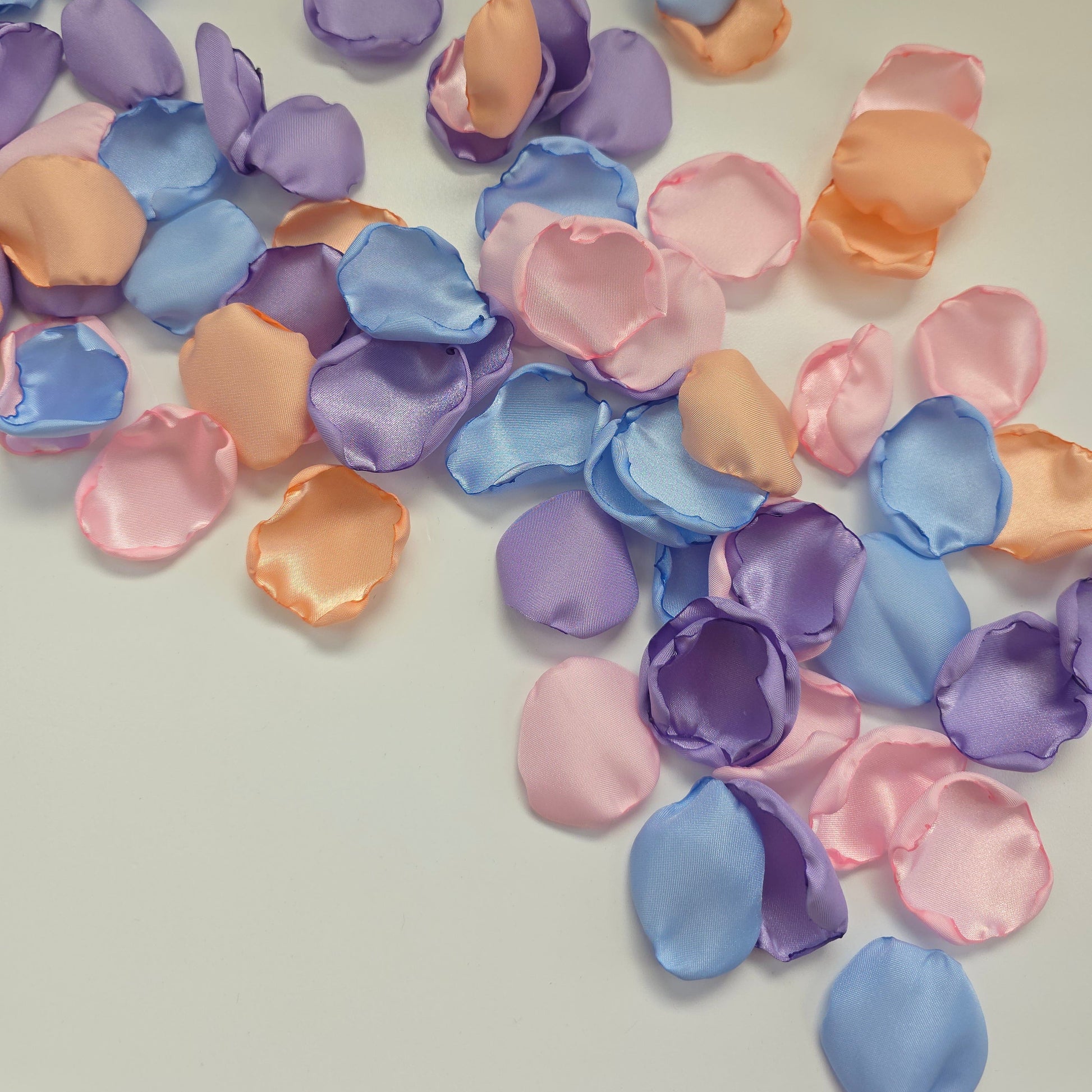 Sky Blue, Lavender, Peach and Pink Rose Petals for flower girl toss, confetti scatter, reception tablescapes, ceremony backdrop accents, Whimsical wedding color scheme decor ideas