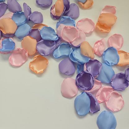 Sky Blue, Lavender, Peach and Pink Rose Petals for flower girl toss, confetti scatter, reception tablescapes, ceremony backdrop accents, Whimsical wedding color scheme decor ideas