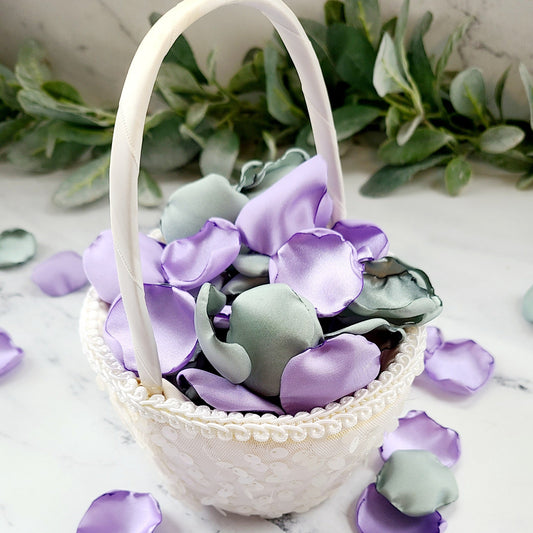 Lavender & Dusty Sage Rose Petals in ivory Flower Girl Basket