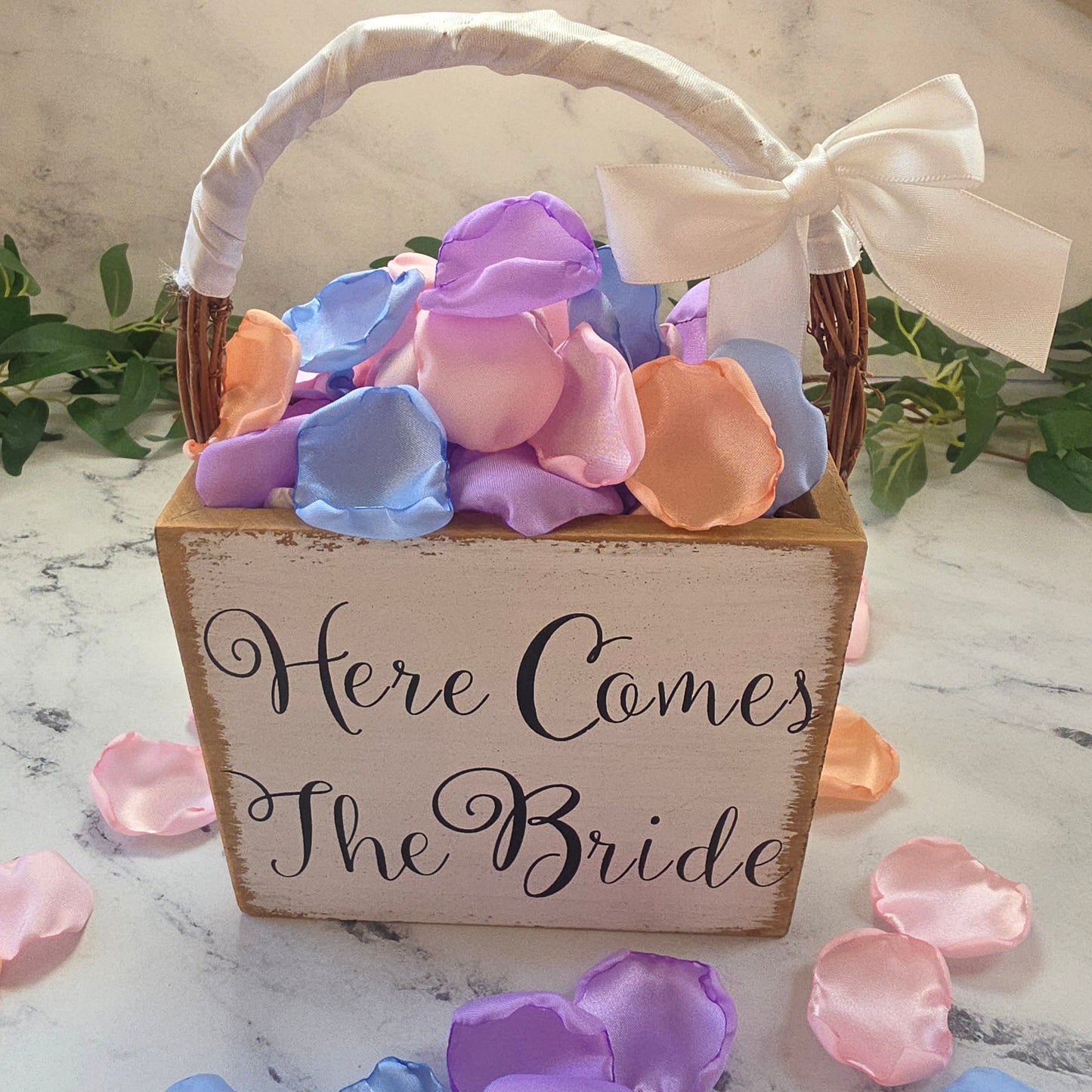  Lavender, Sky Blue, Peach Pink Rose Petals, Flower Girl Petals in "Here comes the Bride" rustic Basket, Confetti, future Bride wedding ideas, wedding aisle decor, confetti scatter, tablescapes accents, flower girl tossing