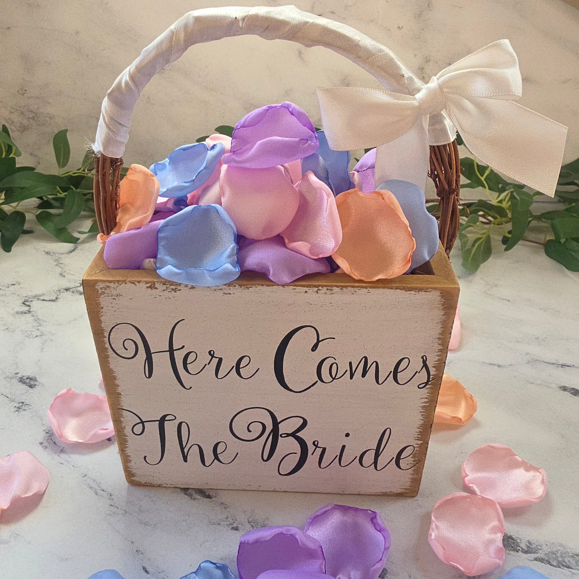  Lavender, Sky Blue, Peach Pink Rose Petals, Flower Girl Petals in "Here comes the Bride" rustic Basket, Confetti, future Bride wedding ideas, wedding aisle decor, confetti scatter, tablescapes accents, flower girl tossing
