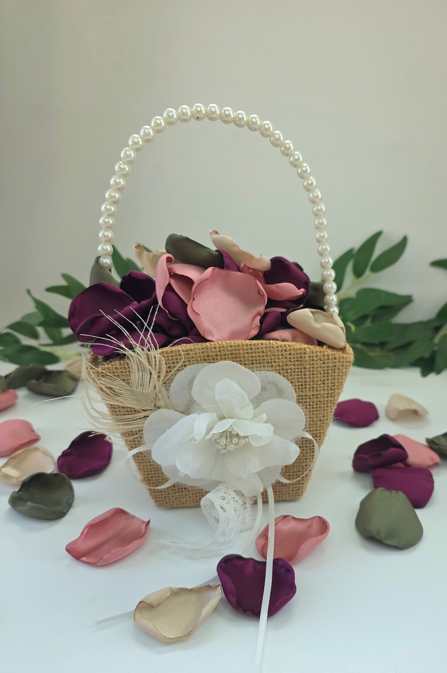 Mulberry Olive, dusty pink, beige rose petals in western, boho flower girl basket, fall wedding decor ideas for future brides, flower girl toss, aisle decor, reception tablescapes accents, confetti scatter