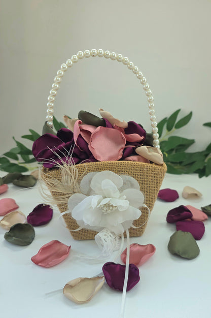 Mulberry Olive, dusty pink, beige rose petals in western, boho flower girl basket, fall wedding decor ideas for future brides, flower girl toss, aisle decor, reception tablescapes accents, confetti scatter