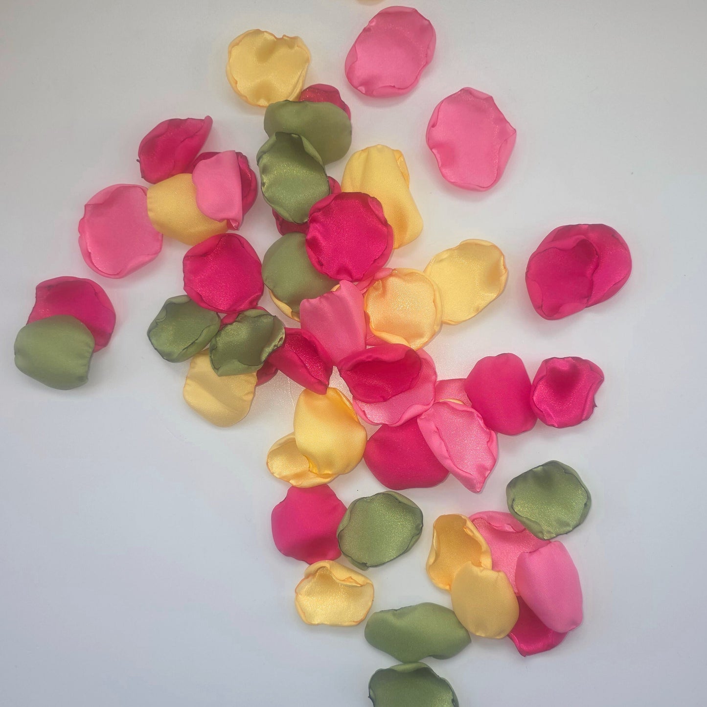 Hot Pink, Fuchsia, yellow, pink and Matcha green rose petals for flower girl toss, baskets. Use for confetti scatter, wedding aisle decor, reception tablescape decor accents, photo shoot props, Whimsical Color ideas for a future bride.