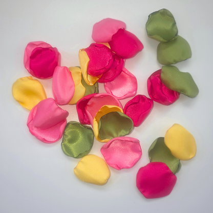 Hot Pink, Fuchsia, yellow, pink and Matcha green rose petals for flower girl toss, baskets. Use for confetti scatter, wedding aisle decor, reception tablescape decor accents, photo shoot props, Whimsical Color ideas for a future bride.
