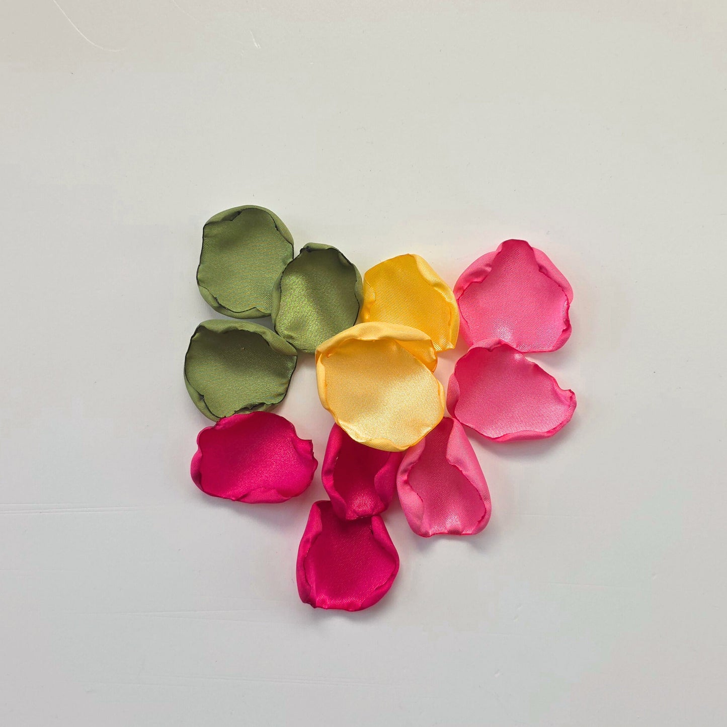 Hot Pink, Fuchsia, yellow, pink and Matcha green rose petals for flower girl toss, baskets. Use for confetti scatter, wedding aisle decor, reception tablescape decor accents, photo shoot props, Whimsical Color ideas for a future bride.