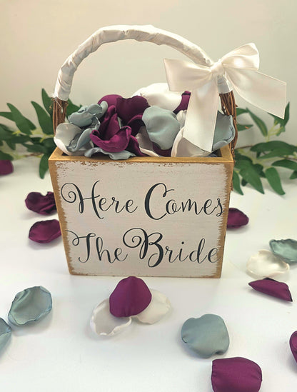 Mulberry Plum, Ivory, Sage rose petals  in a Western Flower Girl basket. Used for flower girl toss . Perfect for wedding aisle decor, confetti scatter, reception tablescapes accents, fall wedding decor, engagement photo props, ceremony backdrop accents