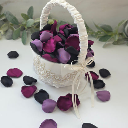 Fig, Plum, mulberry, black and Wisteria Purple rose petals in flower girl basket. For flower girl tossing, baskets, church pew, aisle decor, flatlays, table scatter, reception table decorations. A fall color palette for a future bride planning a celestial themed wedding or nautical bridal shower event.